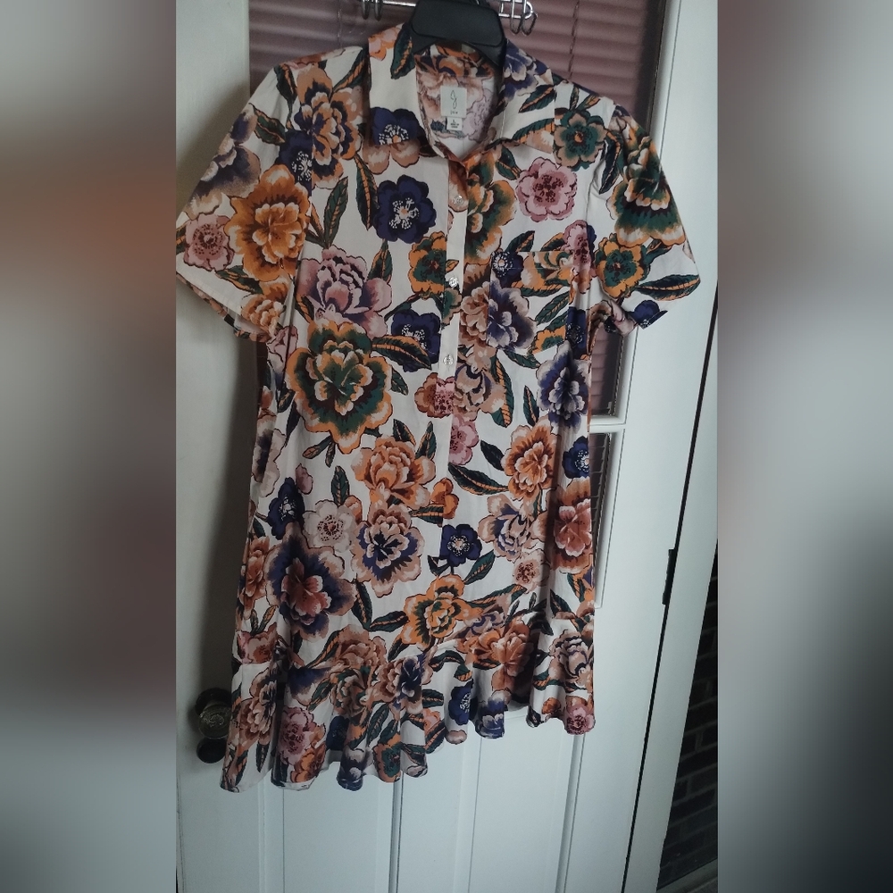 Joie Crisp Short Sleeve Floral Dress Ruffle Hem Women Size L